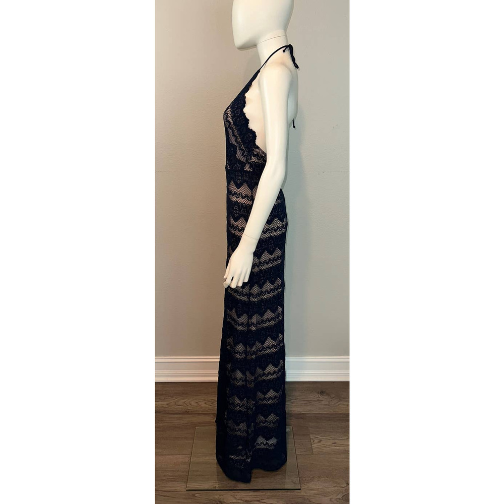 NWT $498 NIGHTCAP Anthropologie "Monaco" navy tan lace maxi dress gown L - Picture 5 of 8